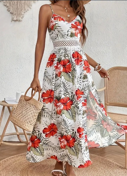 Womens Spring Summer Chic Maxi Dress - Floral Print, Elegant High Slit