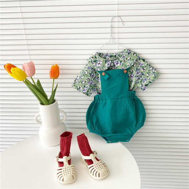 Floral Short-Sleeved Shirt Top Suspenders Two-Piece Suit