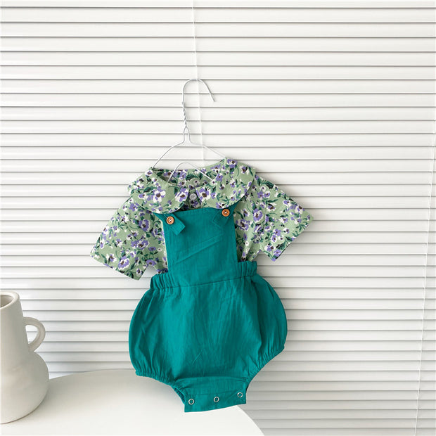 Floral Short-Sleeved Shirt Top Suspenders Two-Piece Suit