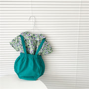 Floral Short-Sleeved Shirt Top Suspenders Two-Piece Suit