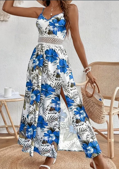 Womens Spring Summer Chic Maxi Dress - Floral Print, Elegant High Slit