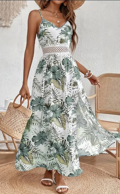 Womens Spring Summer Chic Maxi Dress - Floral Print, Elegant High Slit