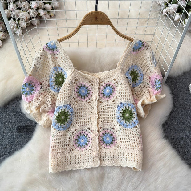 Hollow Knitted Jacquard Temperament Square Collar Top