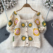 Hollow Knitted Jacquard Temperament Square Collar Top